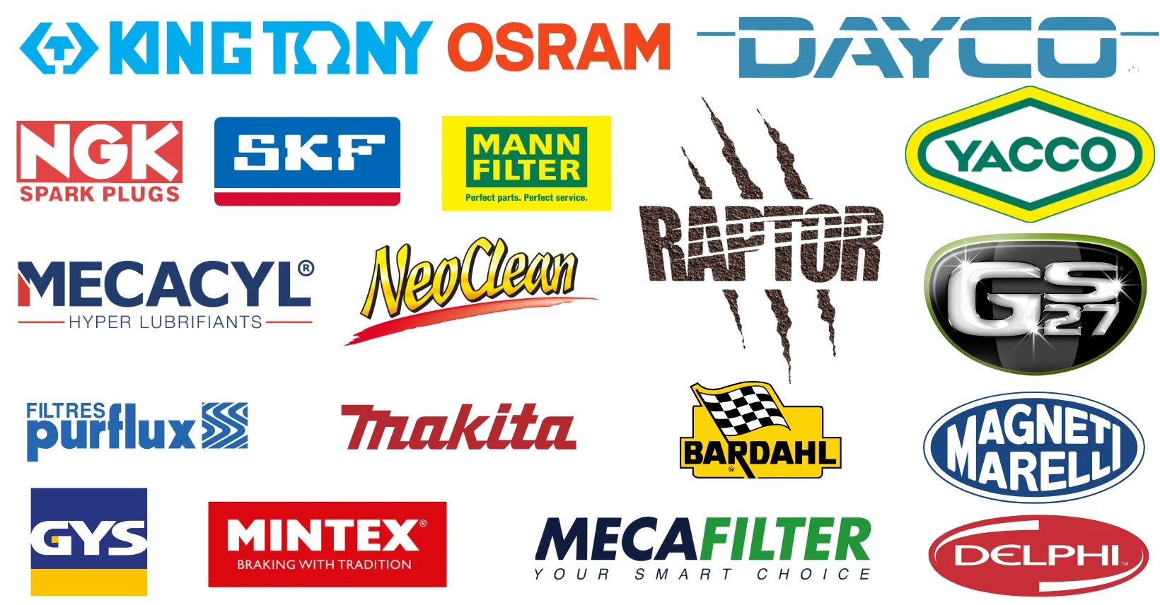 Les marques distribuées par RS Pièces Auto : NGK, SKF, Mann Filter, Raptor, Yacco, Purflux, Makita, Bardahl, Magneti Marelli, Delphi, Osram, Dayco et bien d'autres